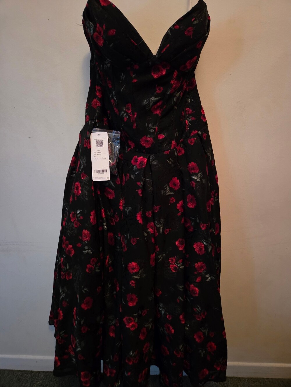 Black Azazie Floral Midi Dress with Red Rose Print